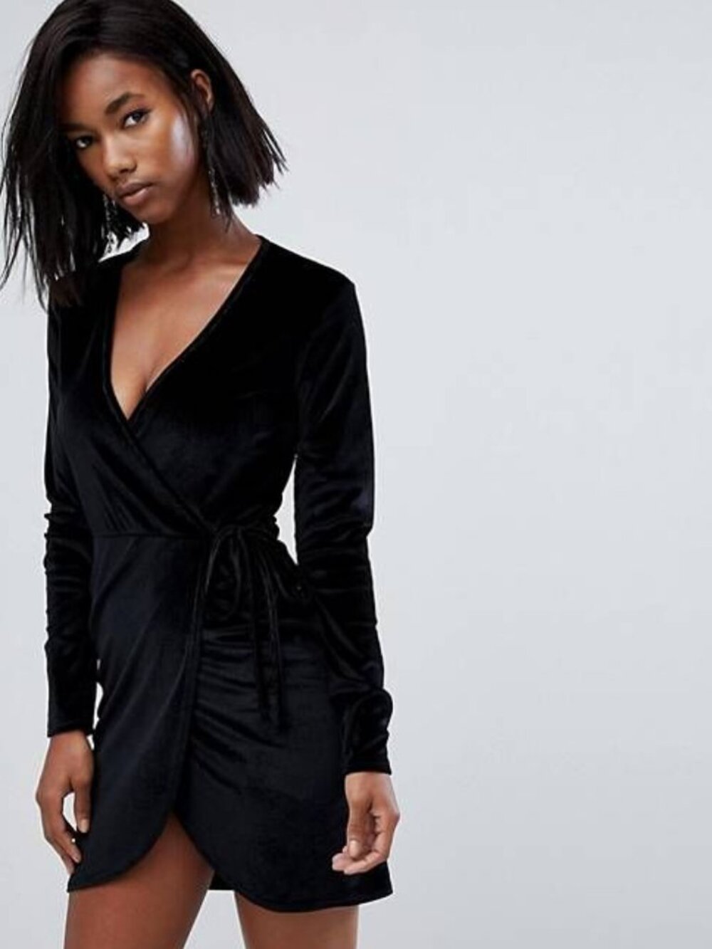 Boohoo Black Velvet Surplice Plunge Draped Wrap Tie Front Long Sleeve Mini Dress